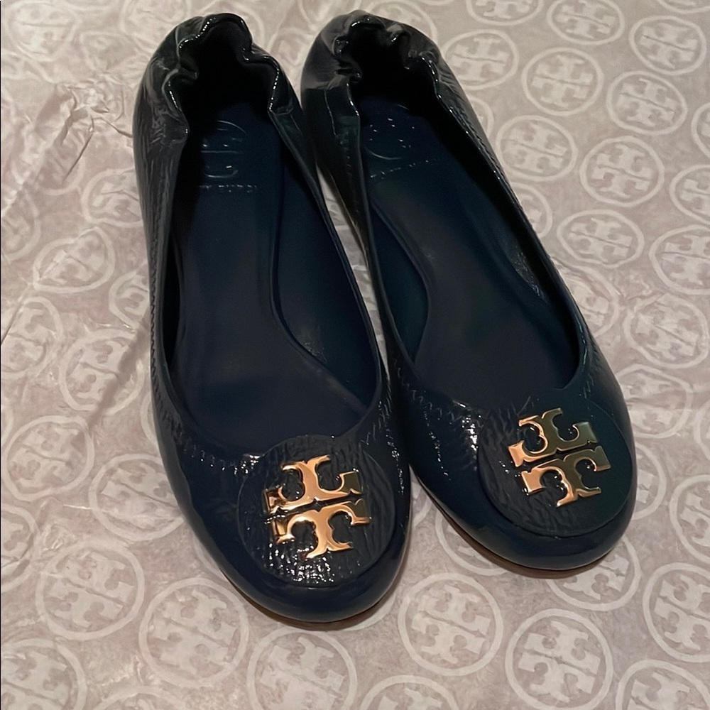 Tory Burch Blue Leather Flats with Gold Logo